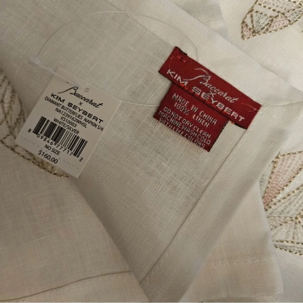 NWT KIM SEYBERT X BACCARAT WHITE LINEN DIAMANT BUTTERFLIES SET OF 2 NAPKINS